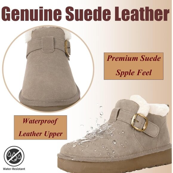 Women's Snow Winter Warm Hook Loop Gray Faux Fur Lining Booties Shoes - Picture 3 of 6